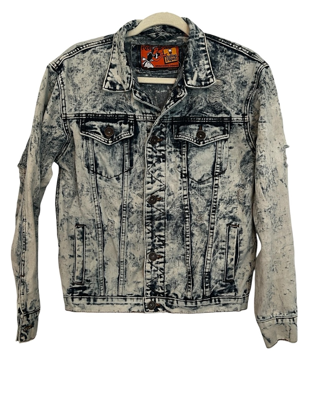 Rolling Paper Acid Wash Distressed Denim Jacket Trucker Grunge Sz S